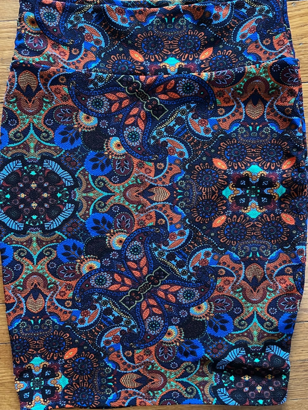 LuLaRoe Cassie Patterned Pencil Skirt in Blue, Orange, Black, Teal